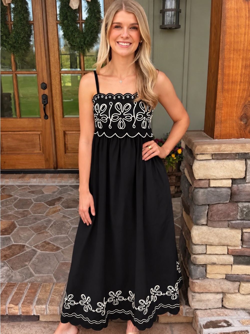 Skies Are Blue Black Maxi Dress with White Embroidery